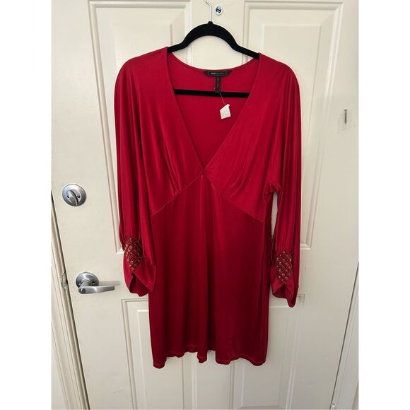 BCBG MAXazria Red Satin Rhinestone Dress, Sz Large - Picture 1 of 9